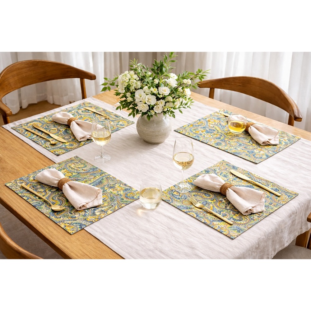 April Cornell Placemats‎ Blue Yellow Floral Paisley Set Of 4 Spring Cottage